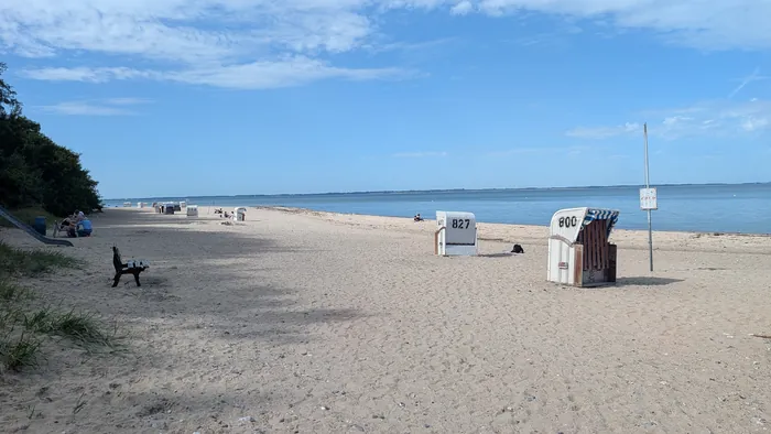 Breiter heller Sandstrand bei Dänisch-Nienhof, rechts zwei Strandkörbe im Sand, links das bewaldete Ufer mit einer Rutsche, am Horizont über der Bucht die Windräder