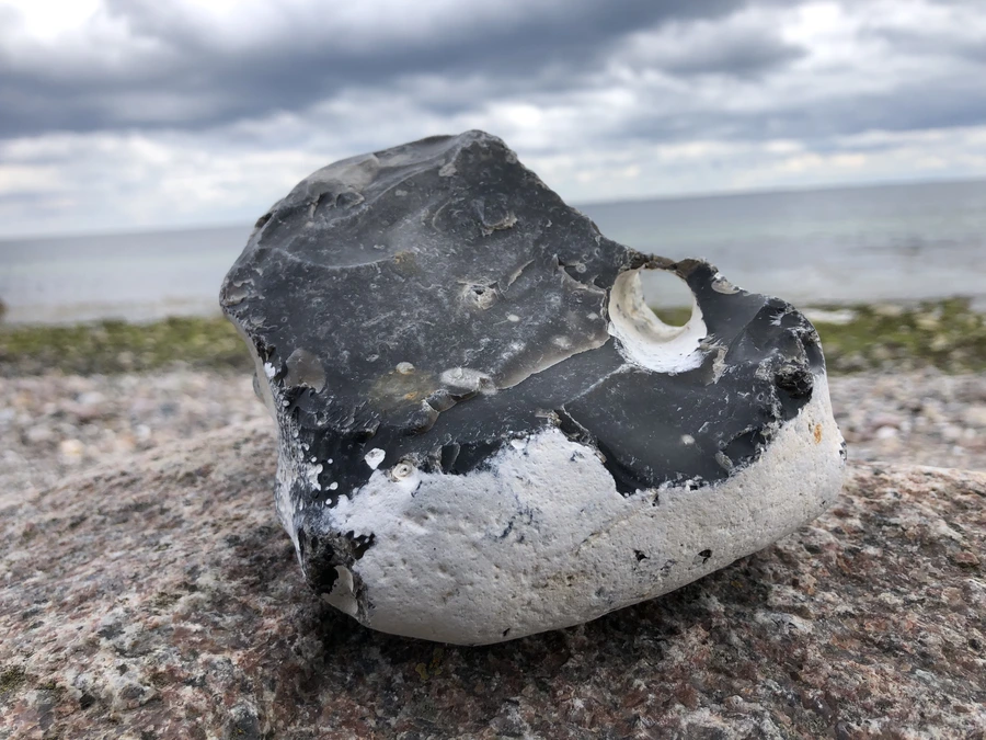 Ein faustgroßer schwarzer Feuerstein mit weißer Rinde liegt auf einem Felsen, dahinter die Ostsee. Durch den Stein geht ein rundes Loch.